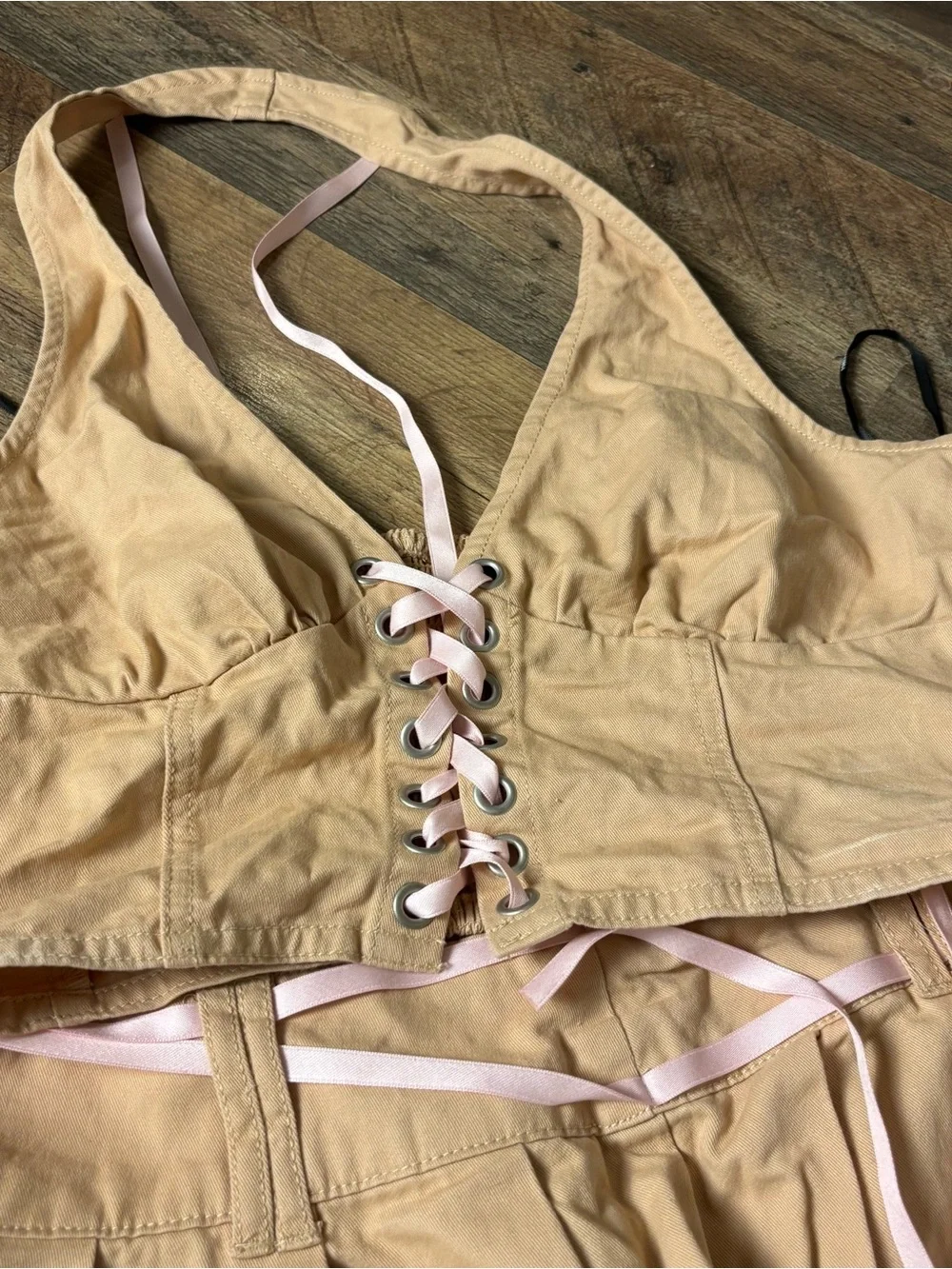 Top & Skirt Matching Set Pink-Tan Lace-Up